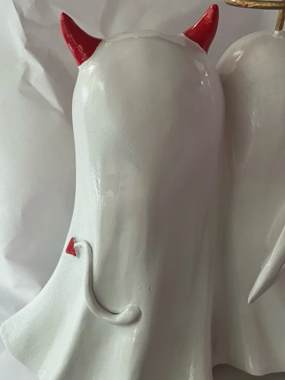 White Ghost Couple Figurine with Black Heart and Red Horn Accent